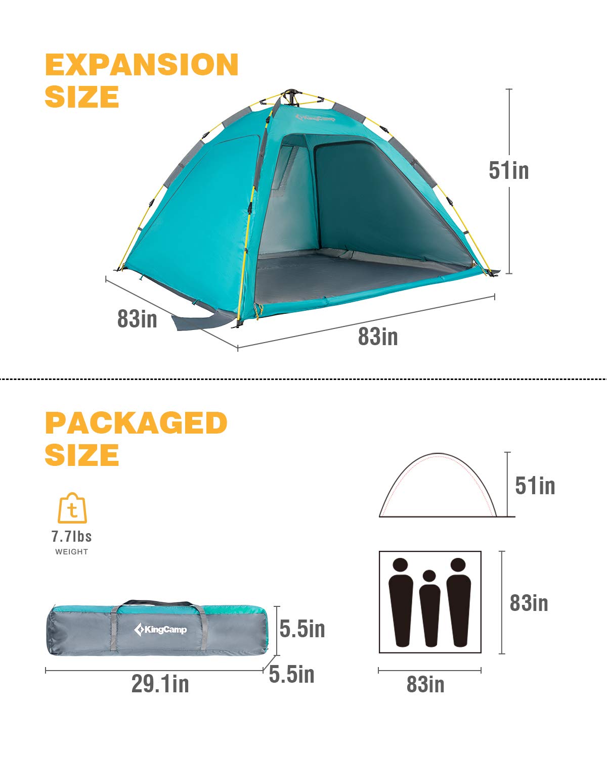 KingCamp キャンプテント　サンシェードテント ワンタッチ式　ブルー KingCamp ワンタッチ テント 3〜5人用 サンシェードテント
